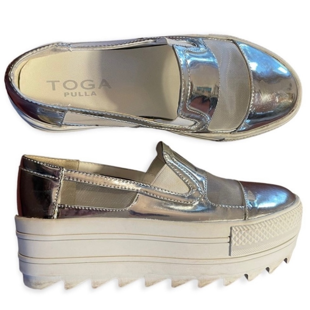 Toga PULLA chrome silver mesh chunky platform loafers